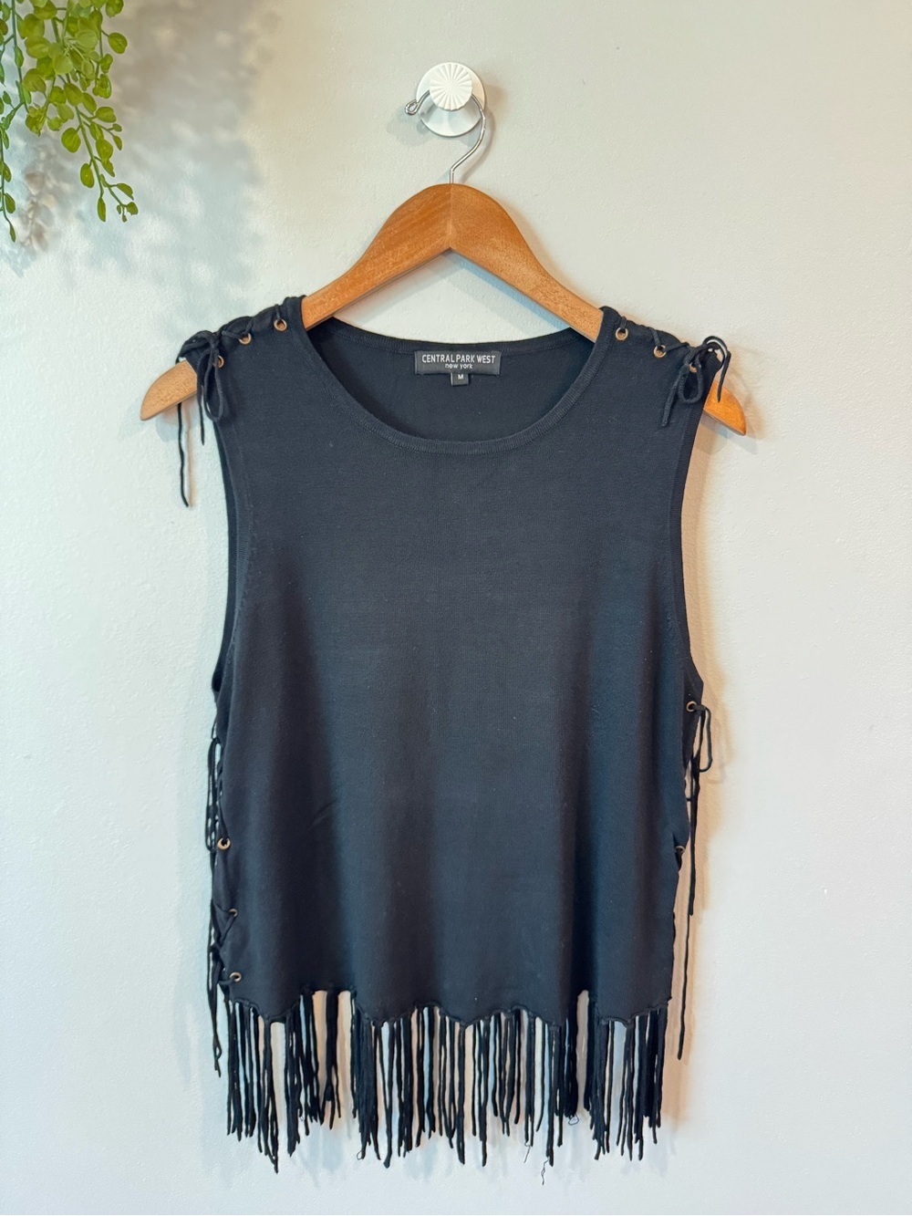 Central Park West Black Fringe Lace-Up Sleeveless Top